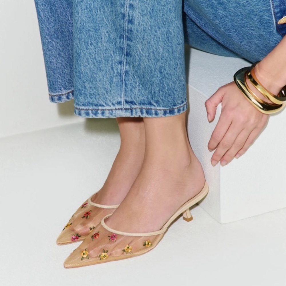 Reformation Beige Mesh Pointed-Toe Floral Embellished Mules